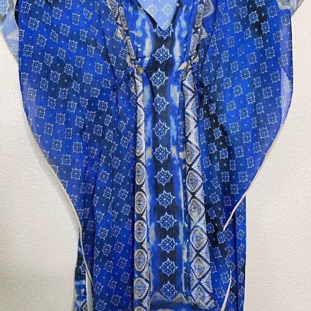 Becca Coverup M L Boho Hippie Caftan Batik Pull Over Tunic Resort Sheer Swim - Picture 6 of 11